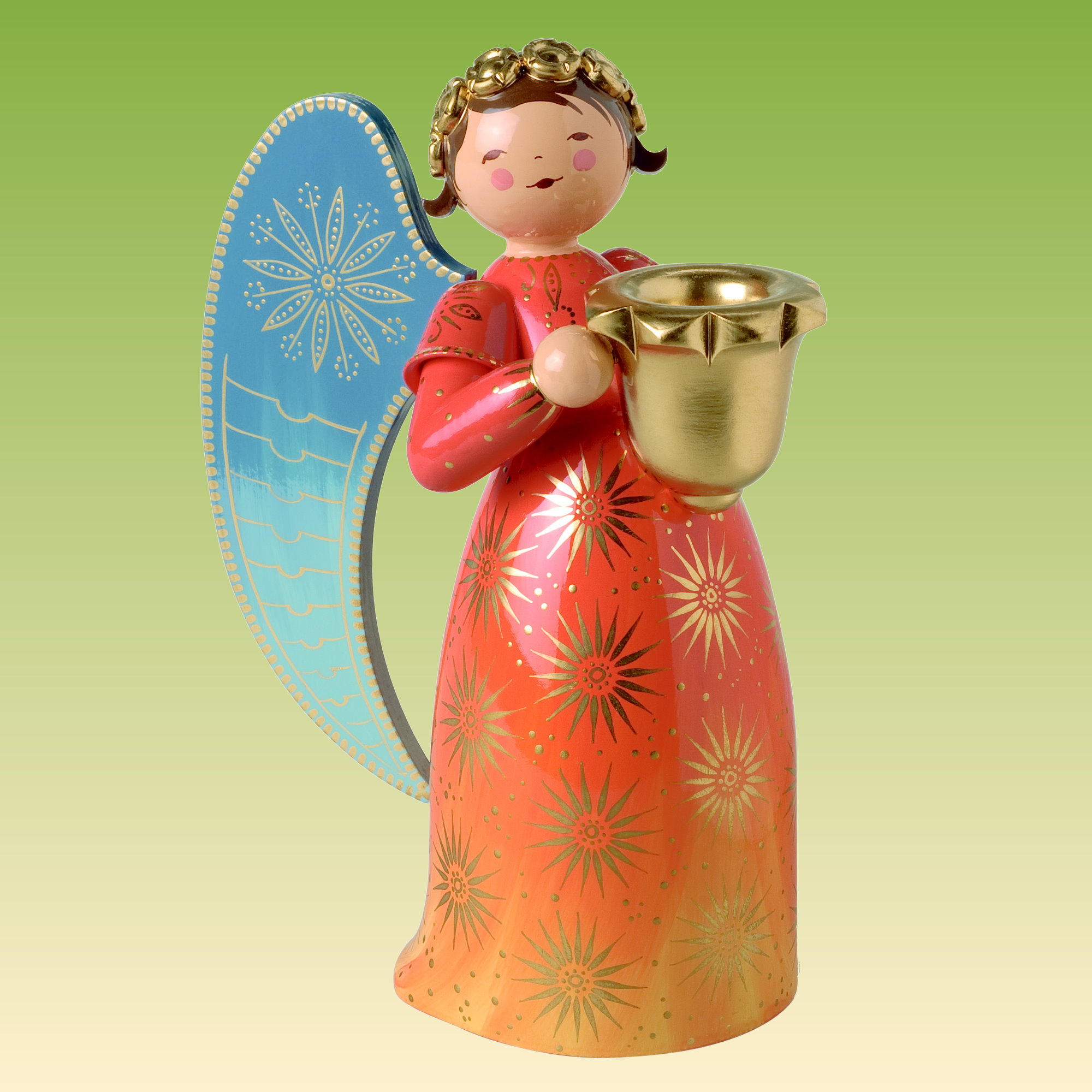 Engel reich bemalt, groß, mit Lichtnapf, orange